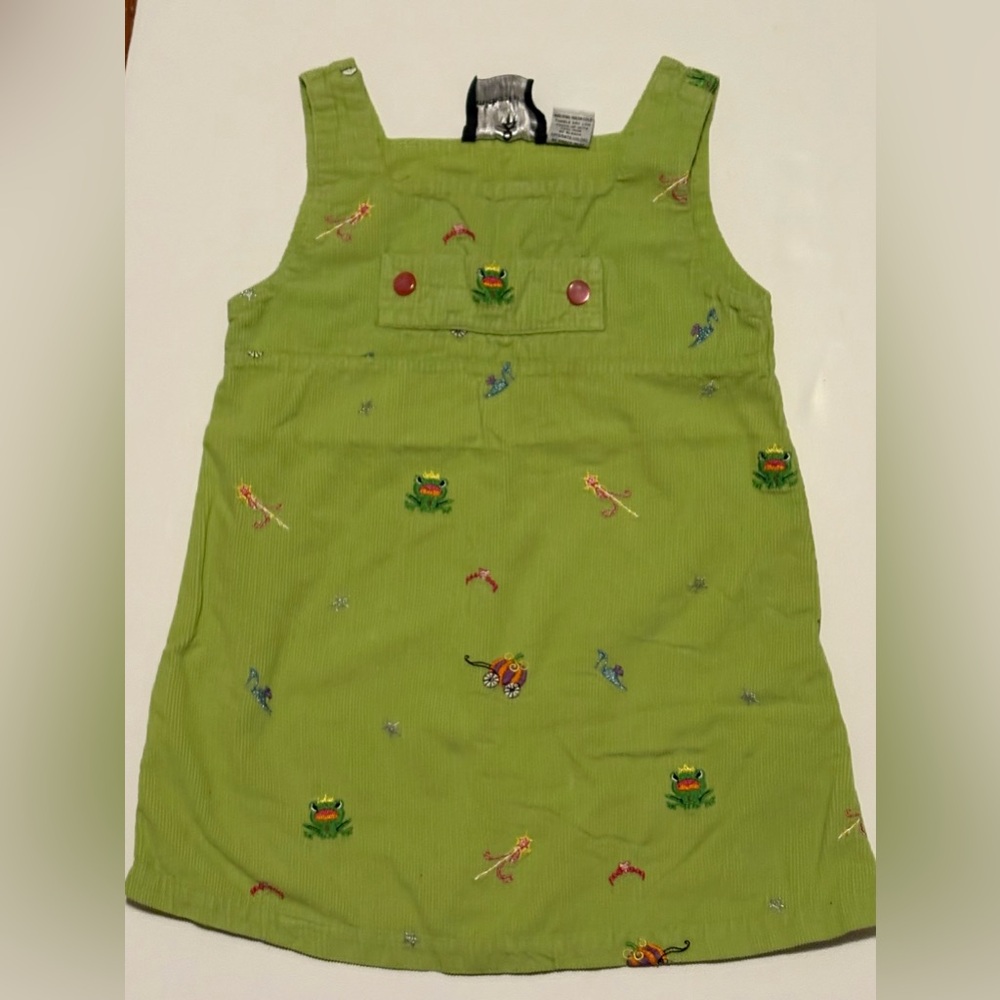 Vintage Kids 5T Cute Green Corduroy Embroidered Frog Prince Dress Jumper